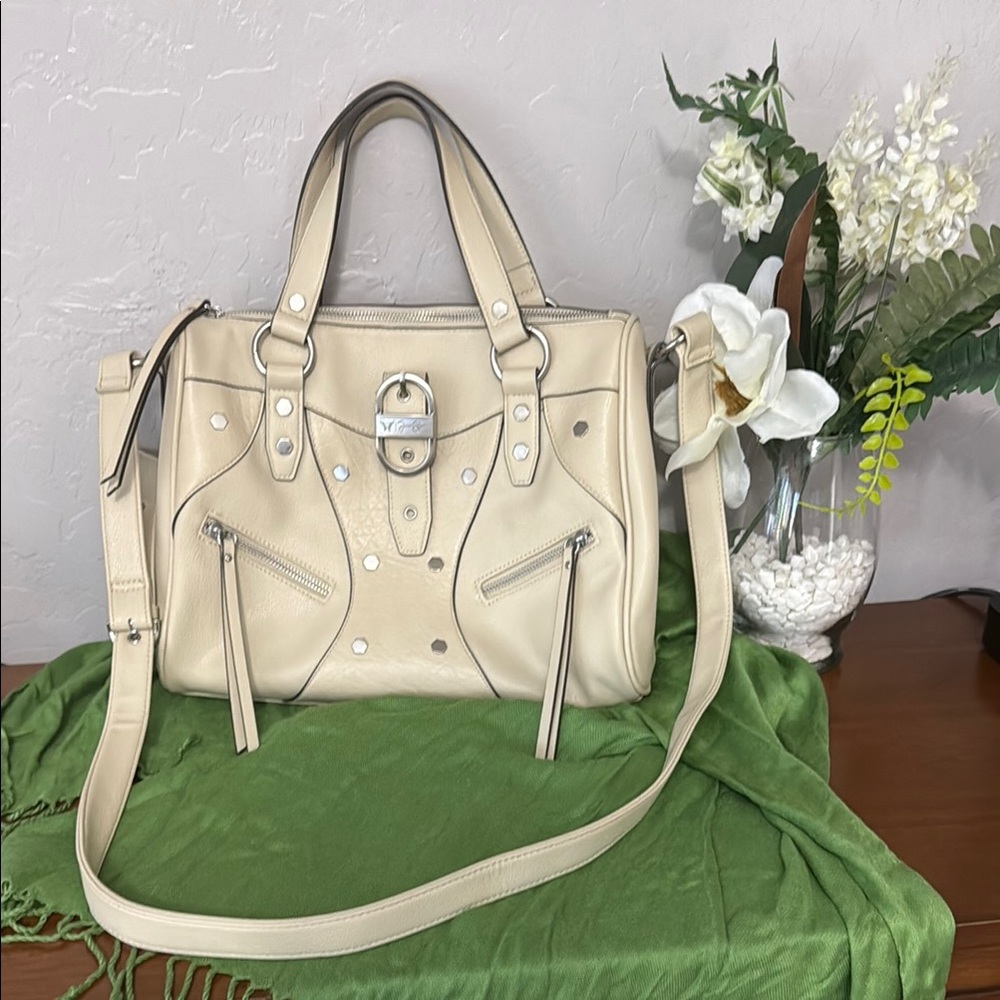 Jessica Simpson Cream Satchel with Silver Hardware